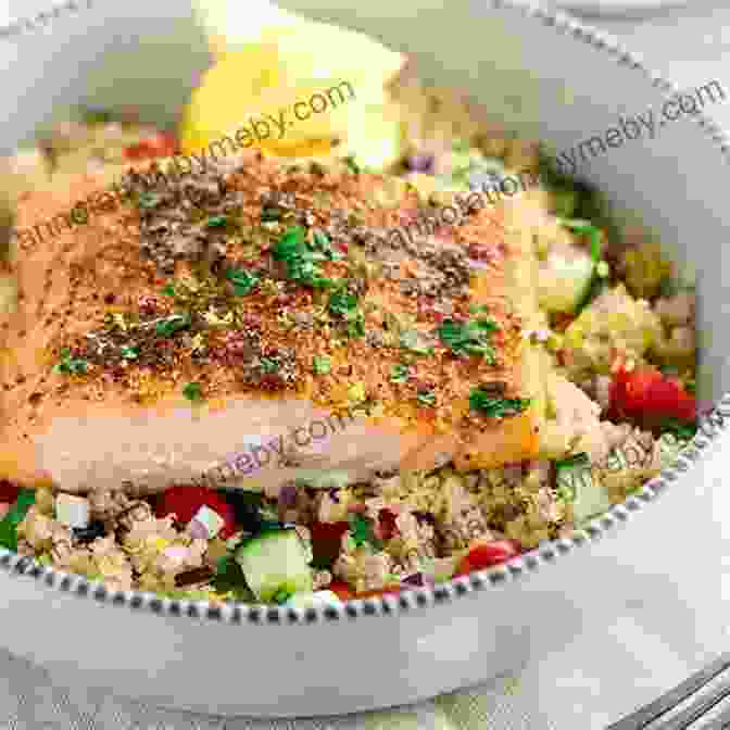 A Delectable Spread Of Dinner Delights, Featuring Roasted Salmon, Quinoa With Vegetables, And A Vibrant Salad. Outdoor Griddle Cookbook : Healthy And Delicious Breakfast Lunch Dinners And Snakes Recipes Also More Recipes For All Ages