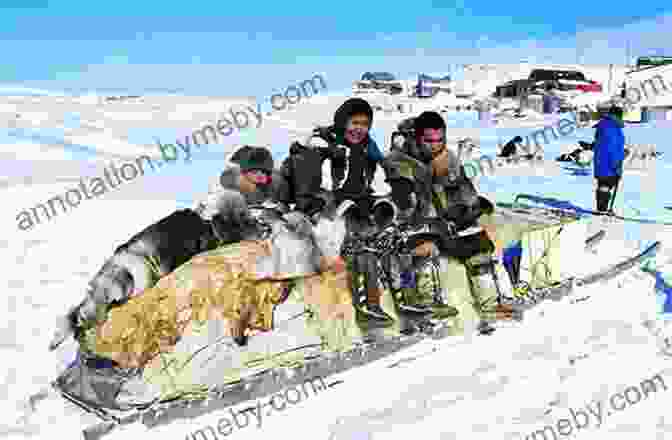 A Group Of Polar Inuit Men And Women Standing On Sea Ice With Traditional Sled Dogs. The Snow People: Life Among The Polar Inuit